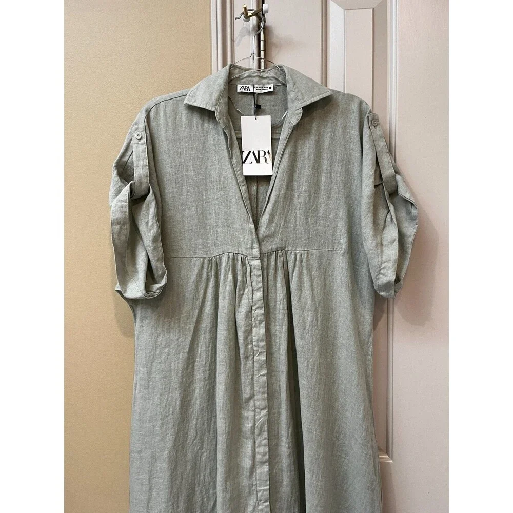 Zara NWT Sage Green Lovina Linen Short Sleeve Button Front Midi Dress sz XS NEW - Picture 8 of 15